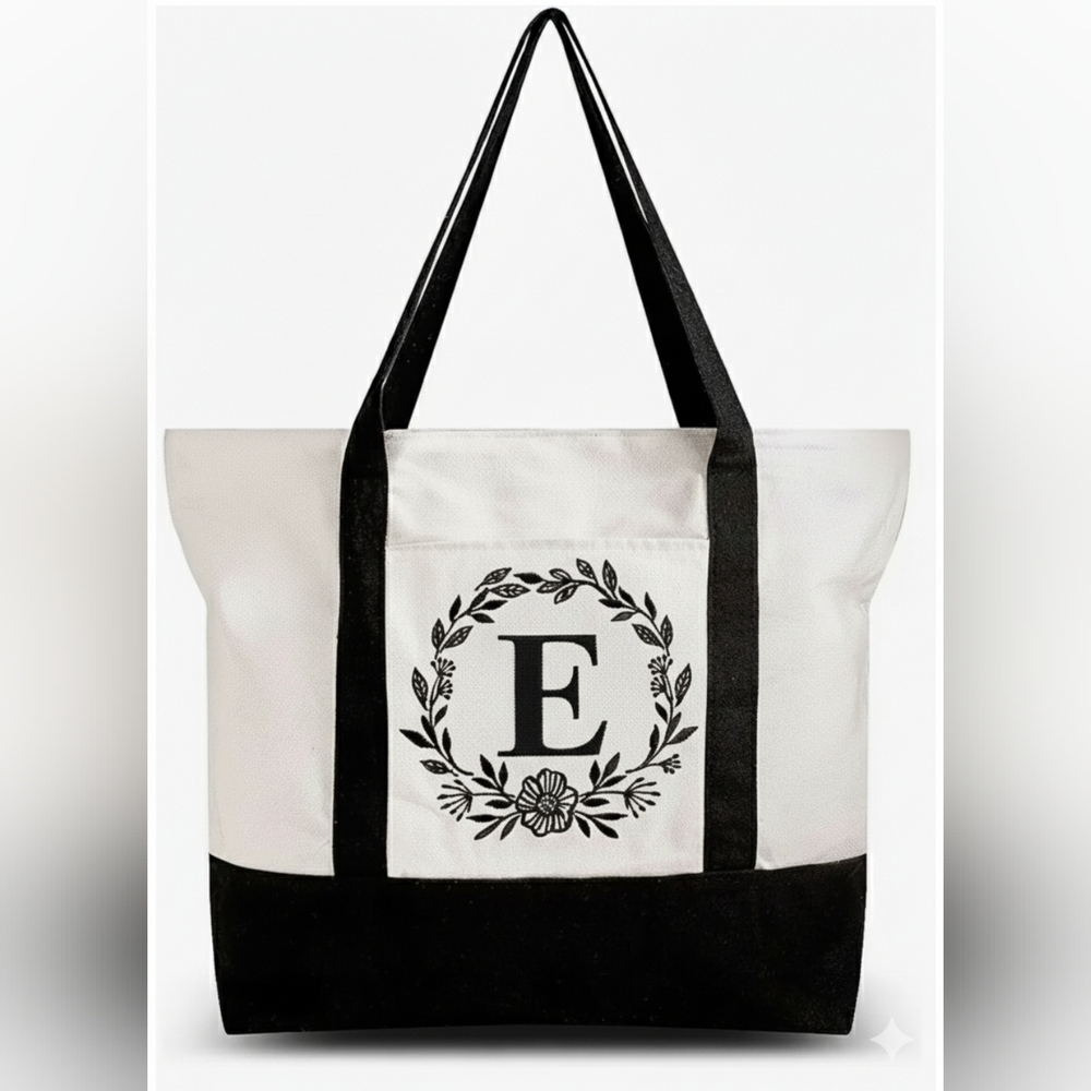 Monogrammed Embroidered Canvas Tote Bag Zipper Pocket Personalized Gift Letter E